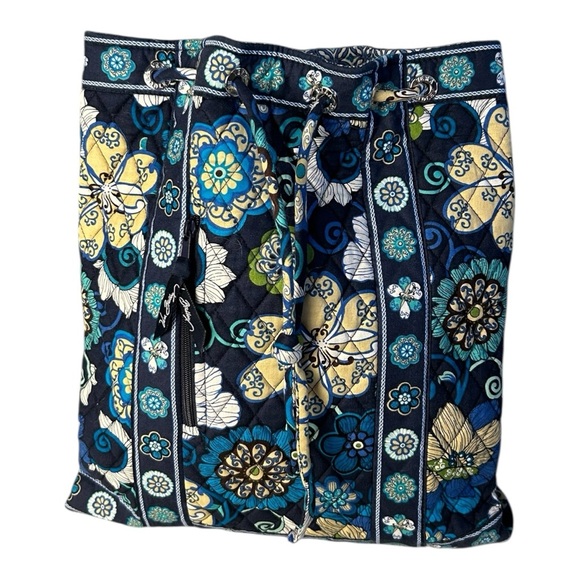 Vera Bradley Mod Blue Floral 100% Quilted Cotton Drawstring Backpack Bag Large - Picture 3 of 9